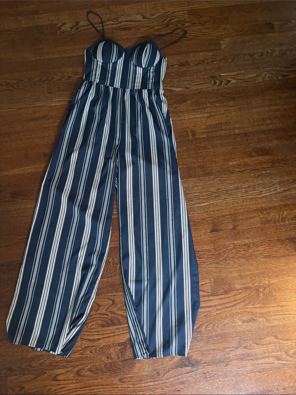 Band of Gypsies Navy and White Striped Bustier Wide-Leg Jumpsuit